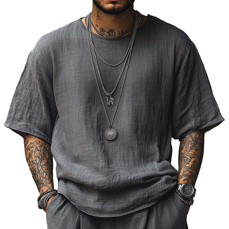 Men's Solid Color Linen Breathable Short-Sleeved T-Shirt