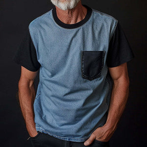 Dünnes Denim-Ptachwork-T-Shirt für Herren mit Rundhalsausschnitt und kurzen Ärmeln