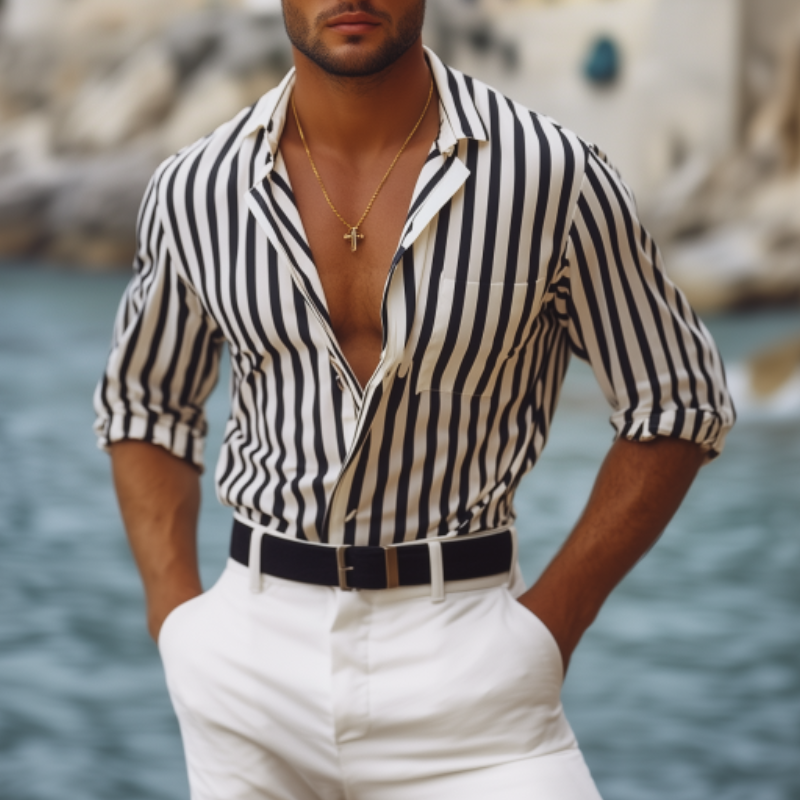 Men's Spring And Summer Fashion Vertical Striped Long Sleeve Shirt