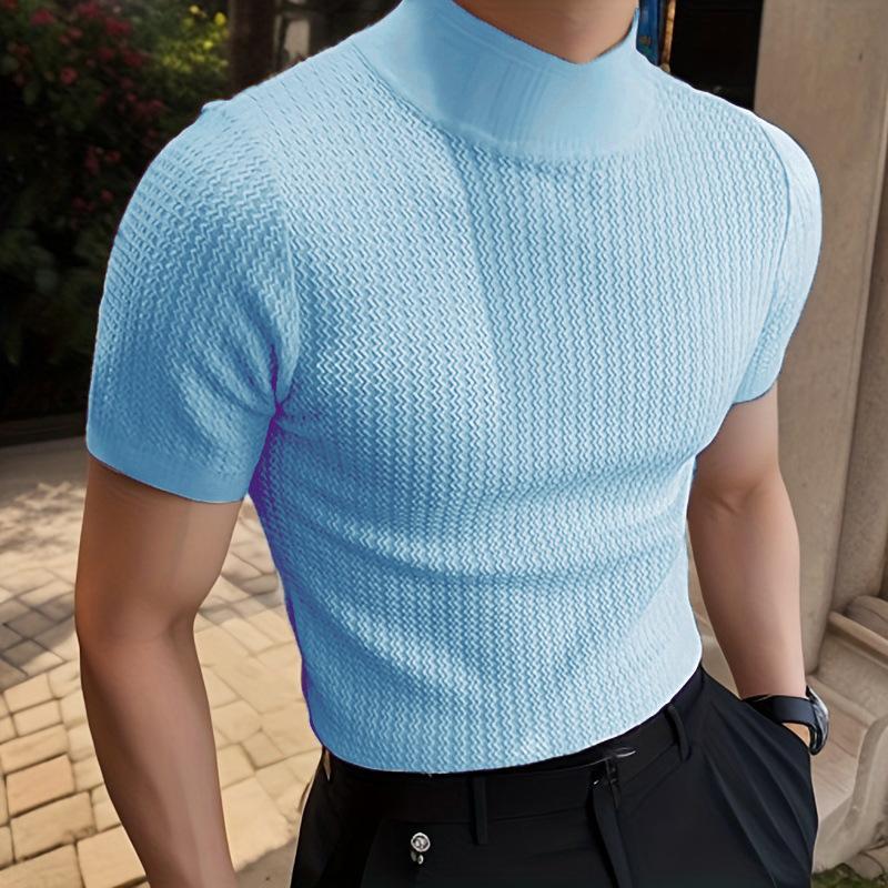 Herren-T-Shirt mit halbem Rollkragen, einfarbig, eng gestrickt, kurzärmelig