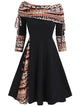 Casual Vintage Print Panel Long Sleeve Midi Dress