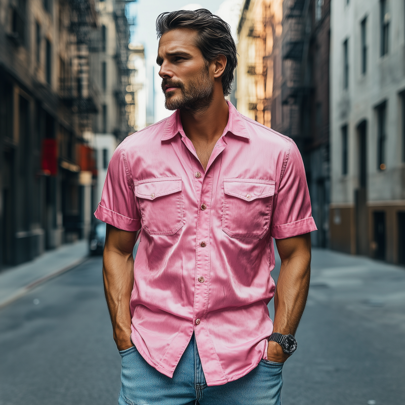 Men's Fashion Spring Summer Casual Satin Short Sleeve Shirt