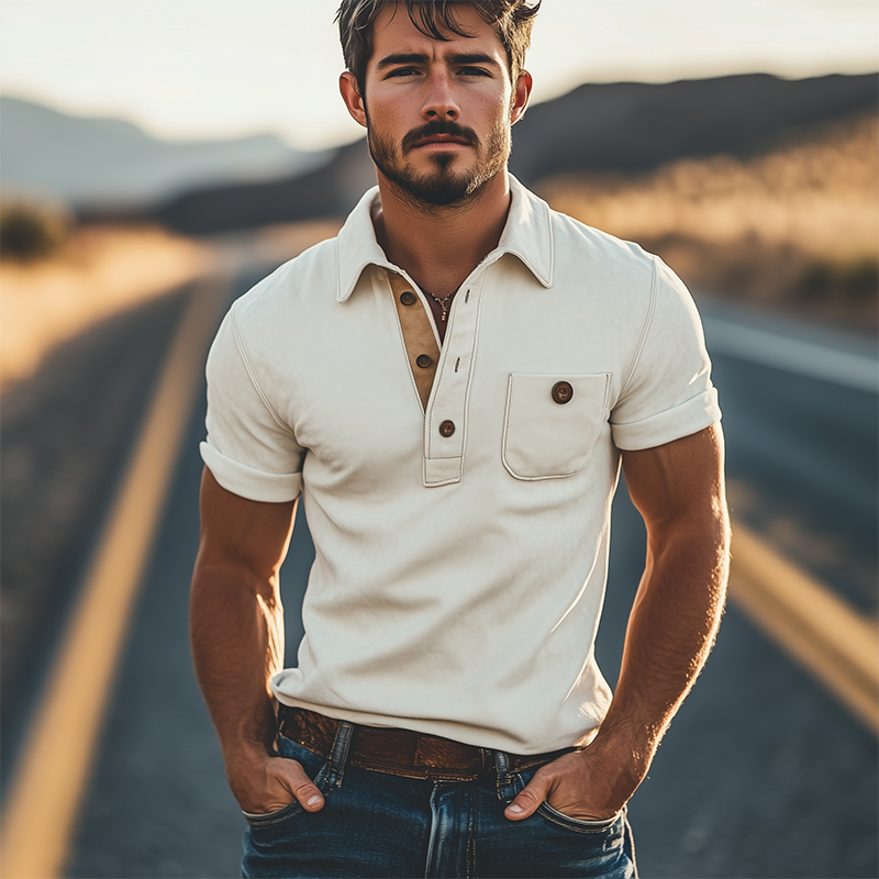 Men's Spring Fashion Casual Slim Suede Splicing Short Sleeve Polo Shirt