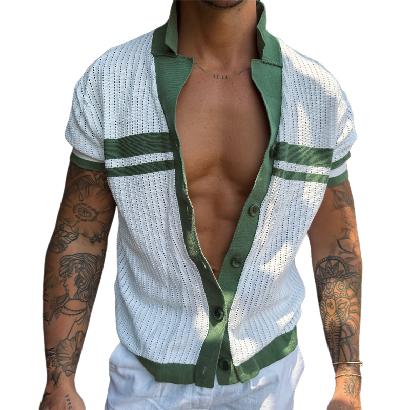 Men's Knit Striped Notch Lapel Single Breasted Short Sleeve Polo Shirt MTA0812D4Z