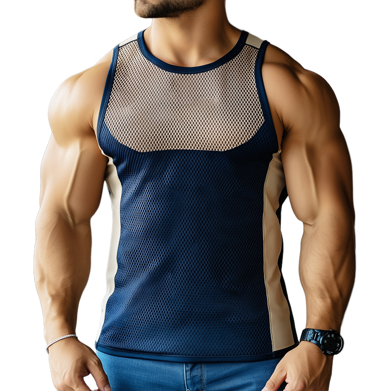Camiseta deportiva sin mangas con cuello redondo y malla de color liso para hombre