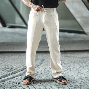 Men's Solid Cotton And Linen Mid Waist Straight Casual Pants