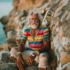 Men's Vintage Rainbow Stripe Print Crew Short Sleeve T-Shirt