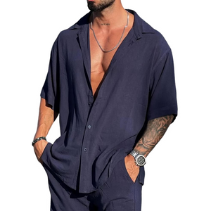 Men's Solid Loose Lapel Short Sleeve Shirt