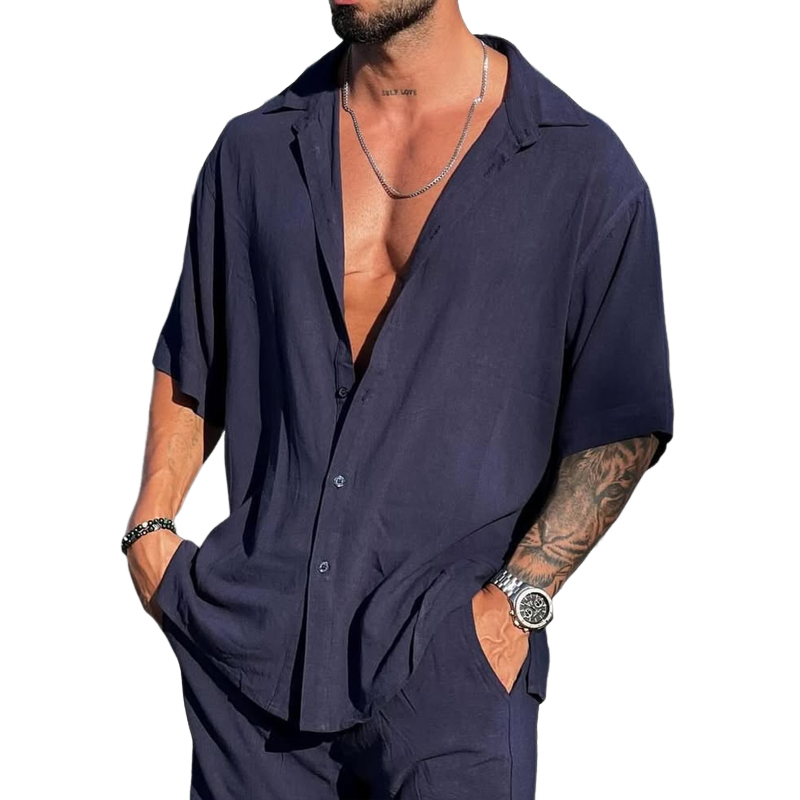 Men's Solid Loose Lapel Short Sleeve Shirt MTA0812D8Z