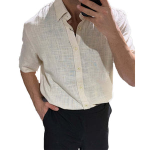 Camisa informal de manga corta con solapa de algodón y lino para hombre