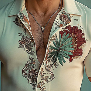 Men's Fashion Floral Embroidery Short Sleeve Shirt