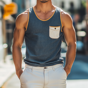 Camiseta sin mangas informal de mezclilla entallada con cuello redondo de Tencel para hombre