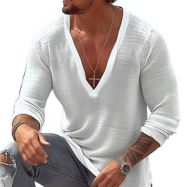 Camiseta informal de algodón y lino con cuello en V y manga larga holgada para hombre