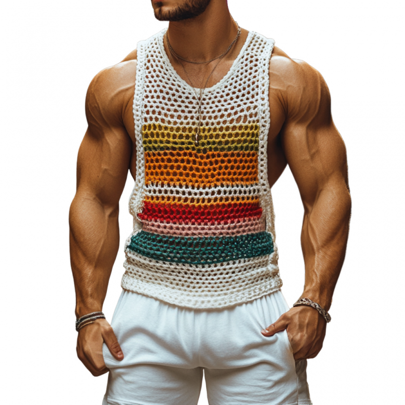 Camiseta sin mangas informal de crochet con cuello redondo y rayas de colores para hombre