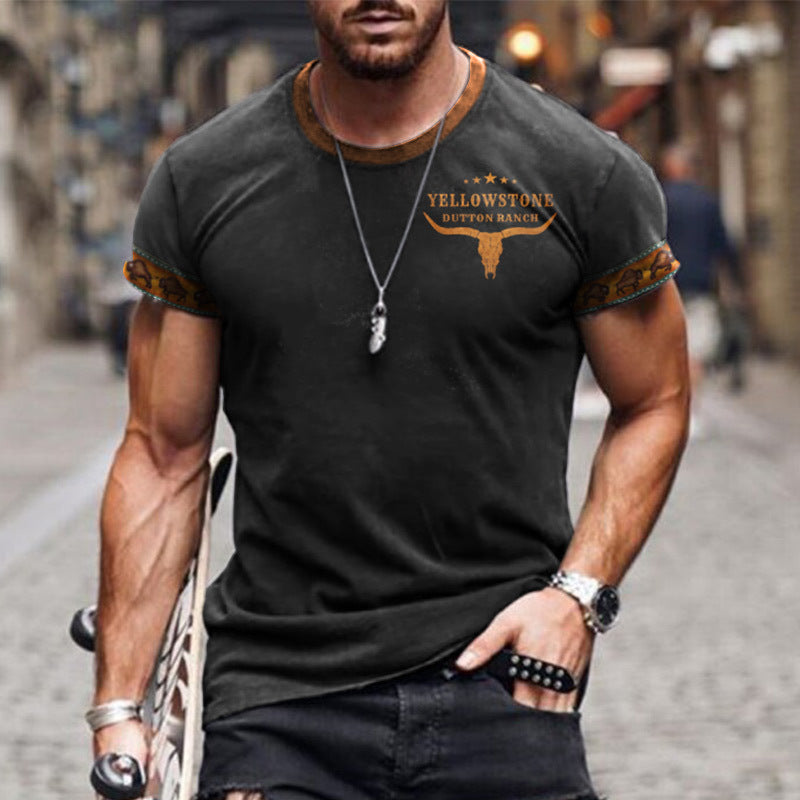 Men's T-shirt Vintage Western National Style Print Pattern Summer Short-sleeved Color Matching Round Neck Tee