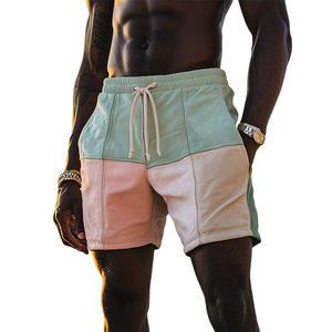 Men's Spring And Summer Fashion Casual Contrast Color Stitching Elastic Waist Suede Beach Shorts
