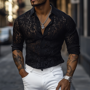 Camisa de manga larga ajustada con encaje sexy de moda de primavera y verano para hombre