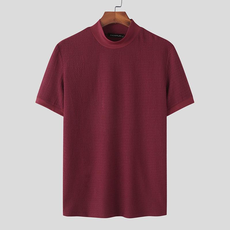 Herren-T-Shirt mit halbem Rollkragen, einfarbig, eng gestrickt, kurzärmelig