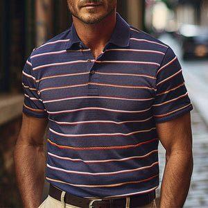 Polo informal de manga corta con estampado de rayas y transpirable para hombre