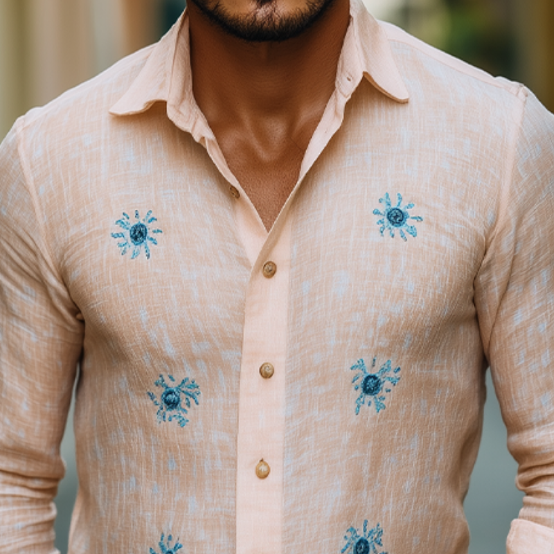 Men's Spring Fashion Casual Ramie Embroidery Long Sleeve Shirt
