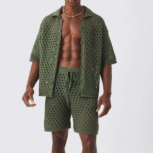 Men's Solid Color Knitted Short-Sleeved Shorts Two-Piece Set