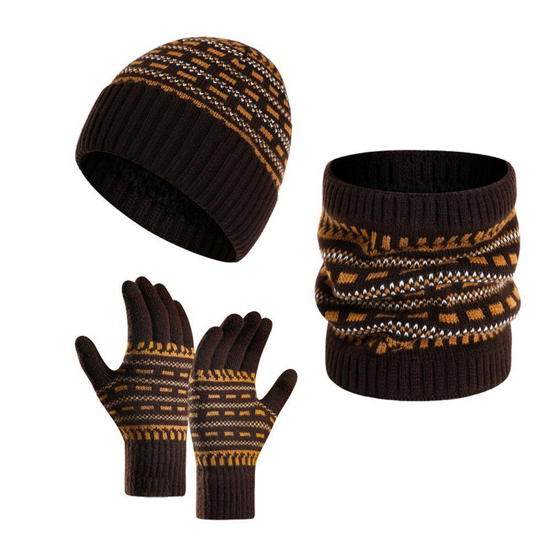 Dreiteiliges Set aus warmer Strickmütze, Schal und Handschuhen für Herren