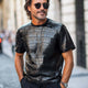 Men's Black Crocodile Textured PU Leather Short Sleeve T-Shirt