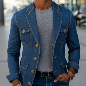 Men's Retro Notched Lapel Denim Single Breasted Multi-Pocket Slim Fit Blazer