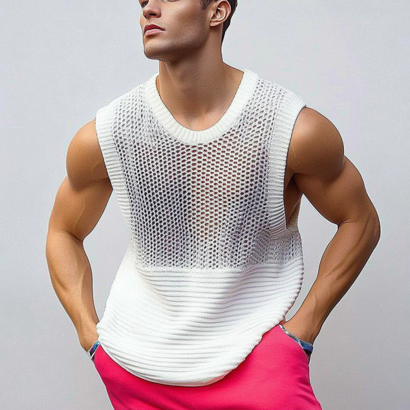 Men's Casual Crew Neck Hollow Out Patchwork Knitted Tank Top