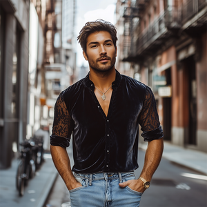 Camisa de manga larga negra con cuello alto y costuras de encaje de terciopelo para hombre, moda de primavera