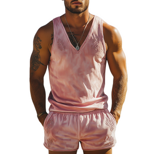 Men's Spring Fashion Casual Slim Fit Embroidered Suede Tank Top Shorts Set