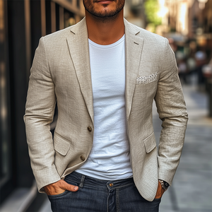 Blazer informal de primavera para hombre, ajustado, de algodón y lino, con bolsillos y encaje.