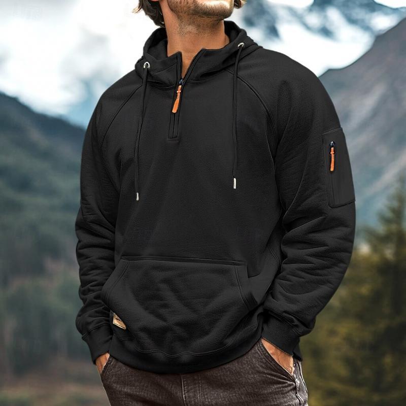 Men's Casual Half-Zip Multi-Pocket Hooded Sweatshirt