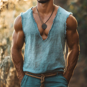 Camiseta sin mangas de lino retro informal con cuello en V y rotos para hombre