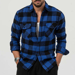 Camisa de manga larga con solapa y bolsillo a cuadros estilo retro informal para hombre