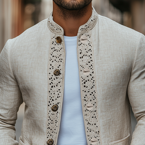 Men's Spring New Retro Lace Stitching Stand Collar Thin Cotton And Linen Jacket