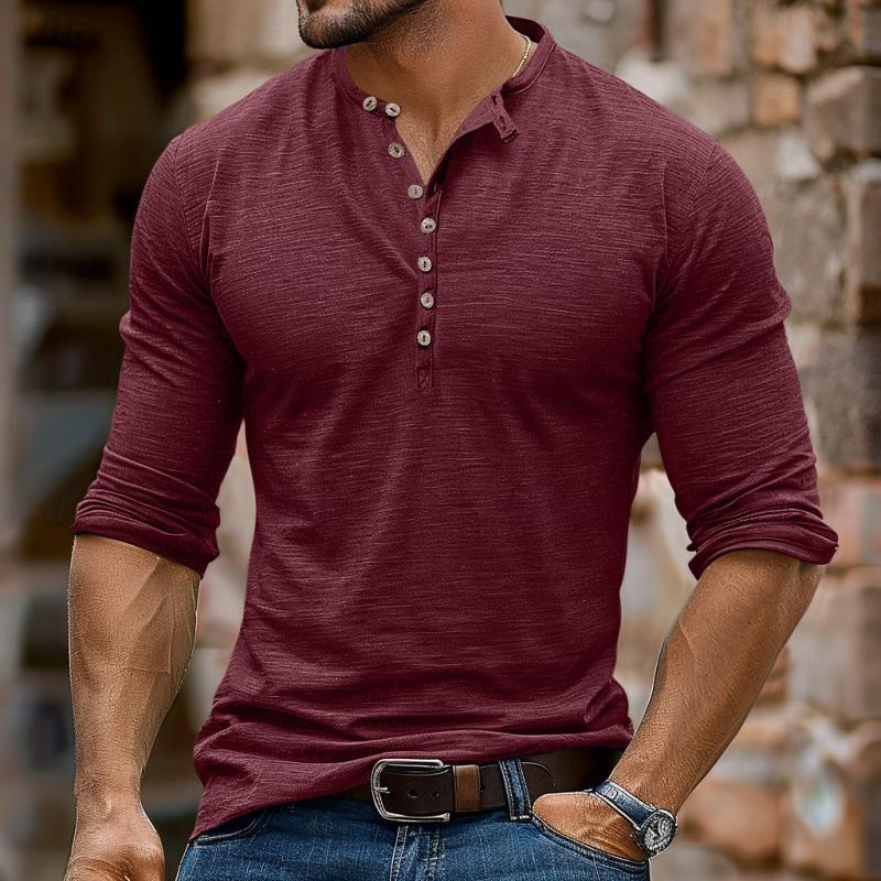 Camiseta informal de manga larga con cuello henley y múltiples botones para hombre