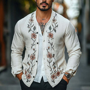 Chaqueta fina vintage de algodón y lino con bordado floral para hombre