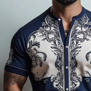 Camisa de manga corta sin cuello con estampado barroco estilo retro informal para hombre