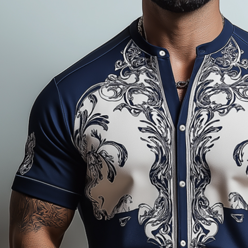 Herrenhemd im Retro-Stil, lässig, mit Barock-Palast-Print, kragenlos, kurzärmelig