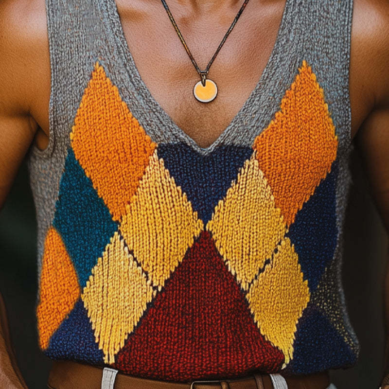 Camiseta de tirantes de punto con bloques de color y diamantes de moda de verano para hombre