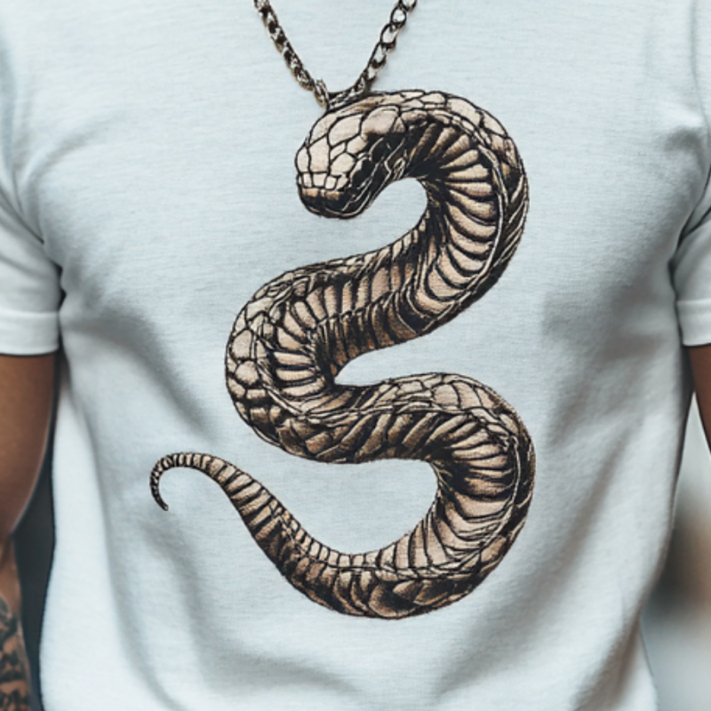 Camiseta informal de algodón con bordado de serpiente para hombre, cuello redondo, manga corta y corte ajustado