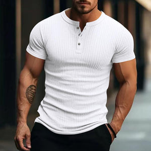 Camiseta Henley informal de manga corta de punto elástico para hombre