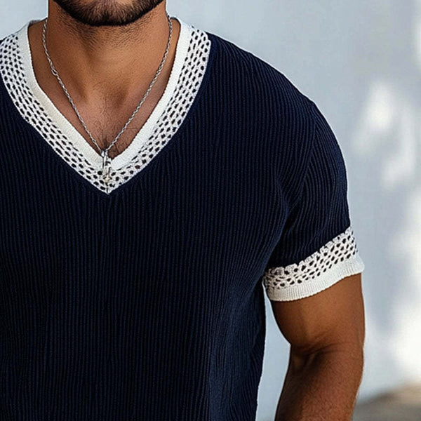 Herren-Strick-T-Shirt mit V-Ausschnitt und kurzen Ärmeln