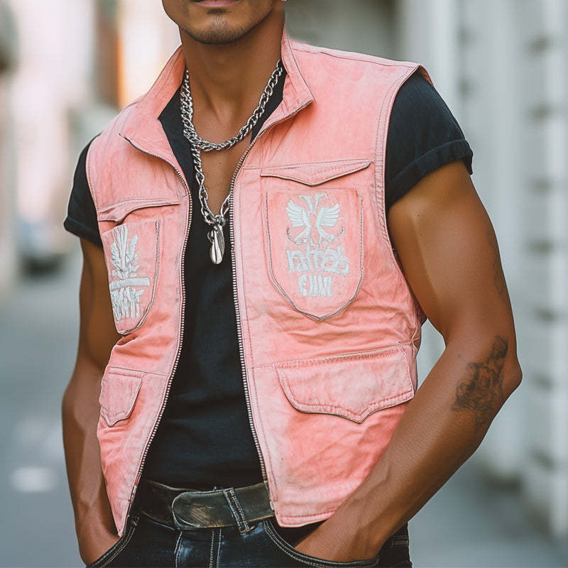 Men's Fresh Pink Faded Denim Embroidered Vest
