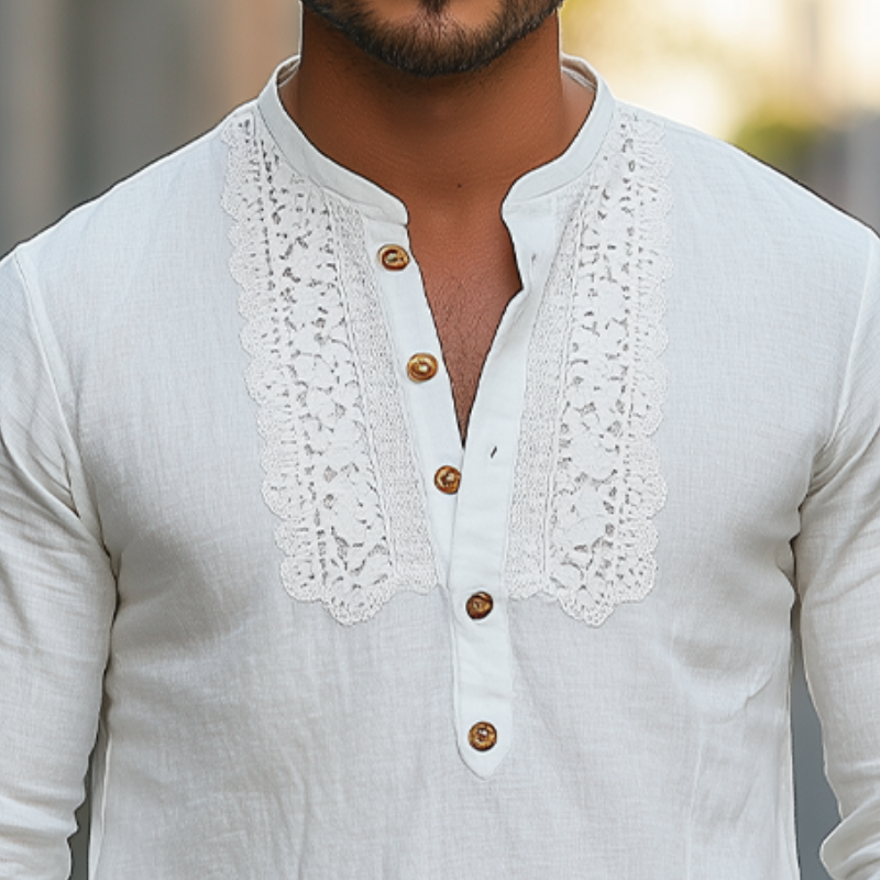 Herren Frühlingsmode Klassisches Henley-Kragen Spitzennähte Langarmhemd aus Baumwolle und Leinen
