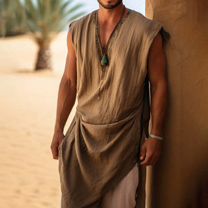 Bata larga sin mangas de algodón y lino para hombre