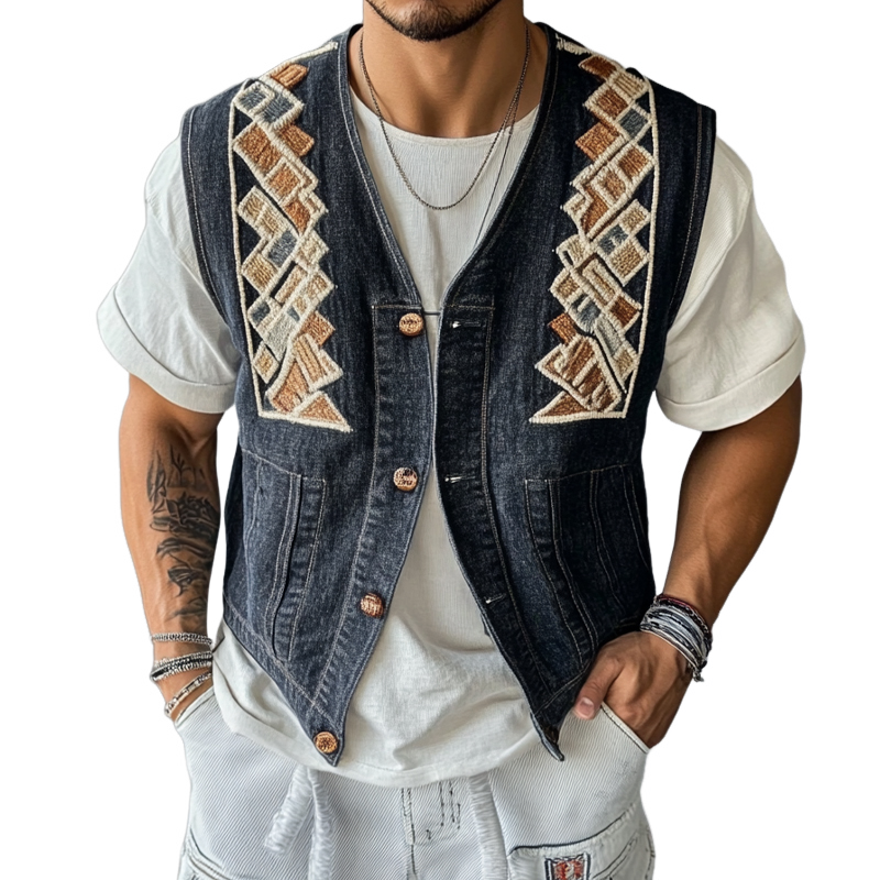 Herren-Jeansweste mit geometrischer Stickerei
