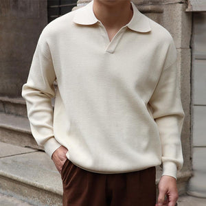 Polo de punto de manga larga con solapa de color liso para hombre