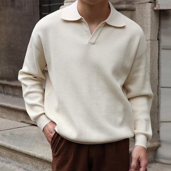 Men's Solid Color Lapel Long Sleeve Knit Polo Shirt